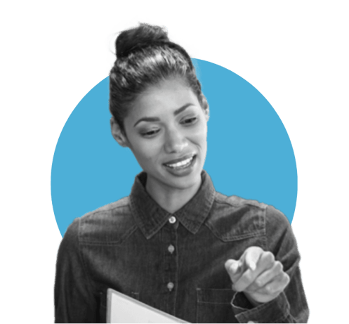 “Professional woman smiling and pointing forward, representing human skills like engagement, communication, and confidence