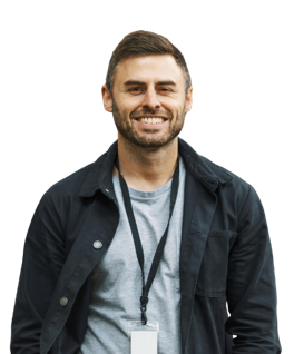 Smiling professional wearing a lanyard