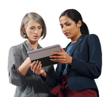 Two colleagues reviewing information on a tablet