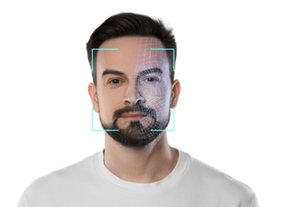 Portrait of a young man with a facial recognition overlay