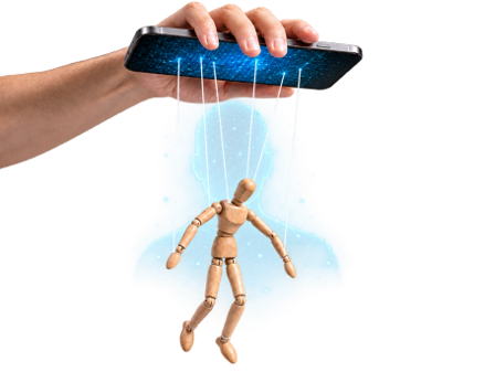 A hand holding a smartphone that controls a wooden puppet on strings