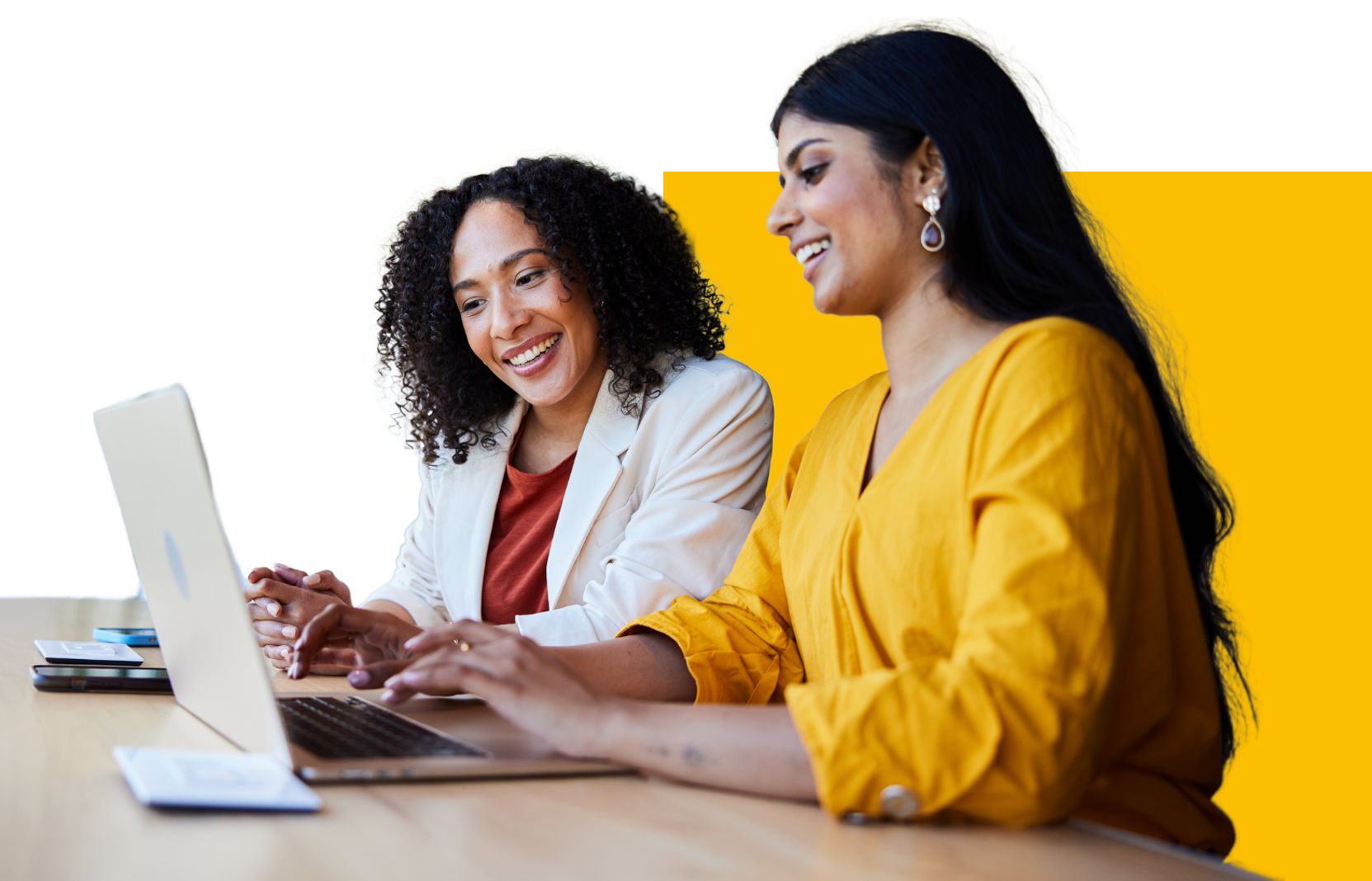 Two colleagues smiling while working together at a laptop