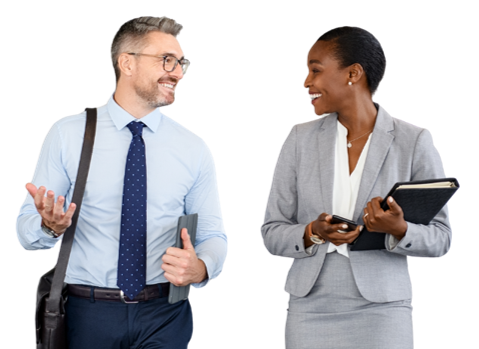 Two professionals walking and talking