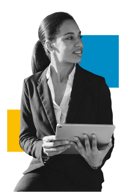 Black-and-white image of a professional woman holding a tablet